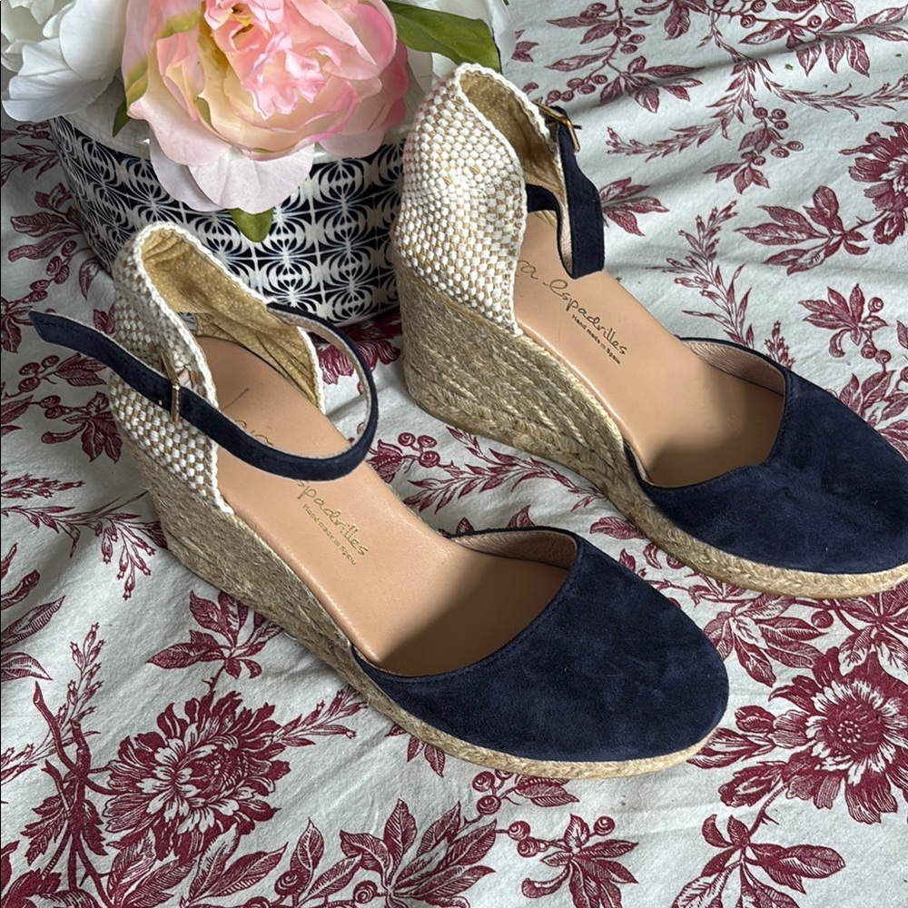 Blue and Cream Espadrille Wedge Shoes